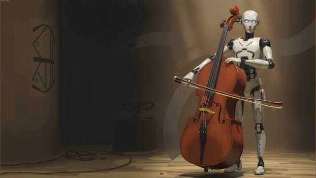 The robot playing classical music on cello on black background