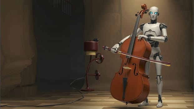 The robot playing classical music on cello on black background