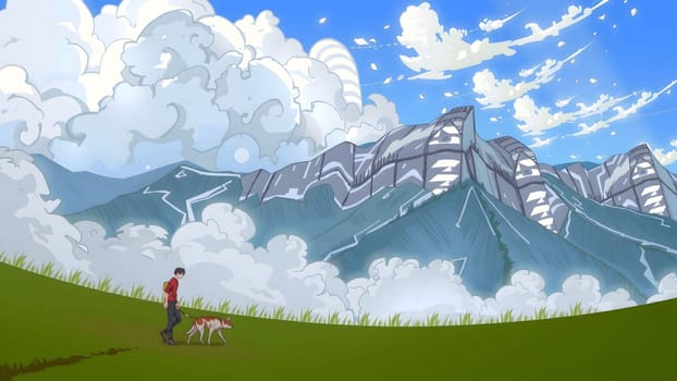 The Young men and dog walking on the grass through the mountain