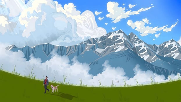 The Young men and dog walking on the grass through the mountain