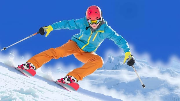 THe Female On the Ski at sunny day with nice blue sky
