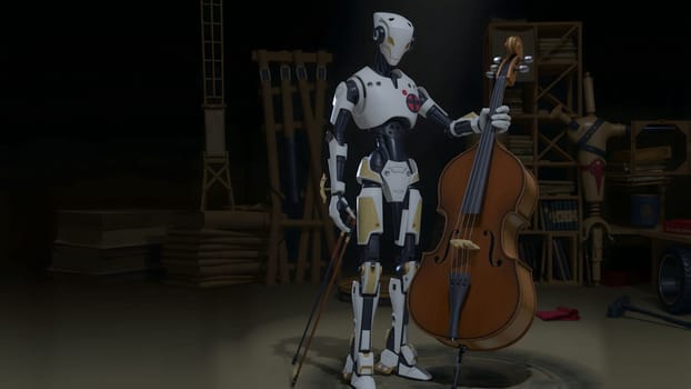 The robot playing classical music on cello on black background