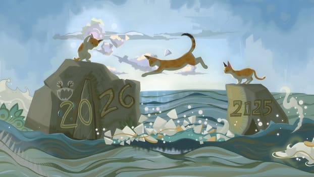 The cat jumping between cliff with number 2025 to 2026
