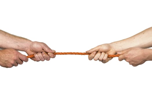 Two pairs of hands pulling on a rope in opposite directions