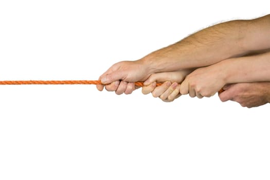 Two pairs of hands pulling on a rope