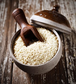 High angle view of dried quinoa seeds, a member of the goosefoot family very high in proteins and a staple ingredient in South American cuisine