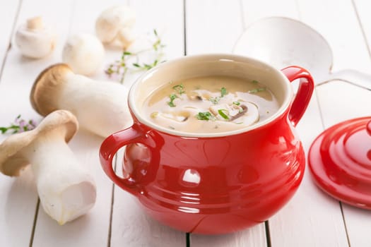 Colourful red bowl of cream of mushroom soup with fresh mushroom on the side