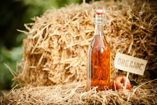 A bottle of natural apple cider vinegar on straw, tagged as 'organic'