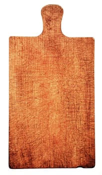 Close-up of worn wooden cutting board, shot from high angle, isolated on white background