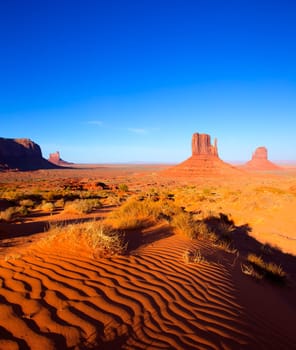 Monument Valley West and East Mittens Butte desert sand dunes Utah