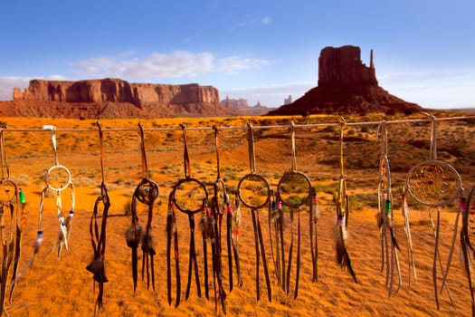Dreamcatcher Monument West Mitten Butte morning with navajo indian crafts Utah