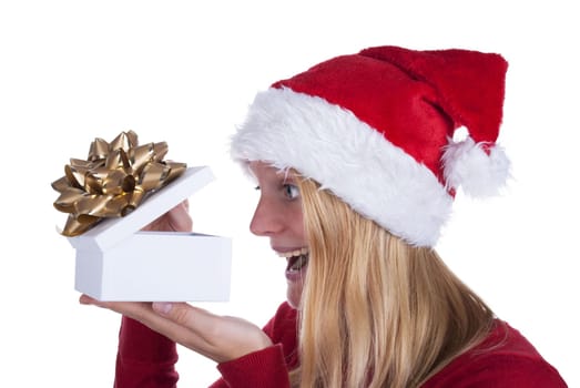 A Surprised Woman Opening a Gift Box, Christmas Background, Isolated