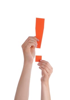 Two Hands Are Holding a Orange Interrogation Mark, Isolated