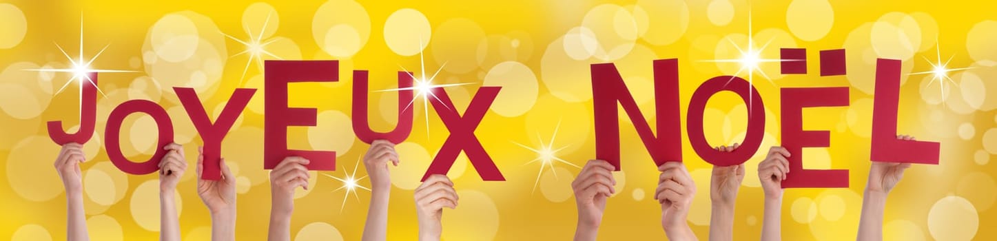 Many Hands Holding the French Words Joyeux Noel Which Means Merry Christmas on a Golden Background