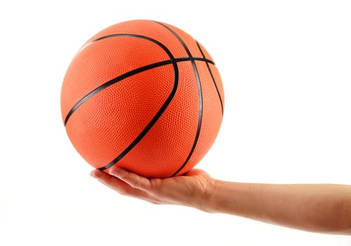 Hand and basketball isolated on white background