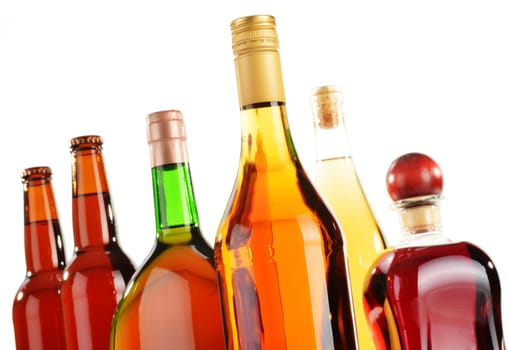 Assorted alcoholic beverages isolated on white background