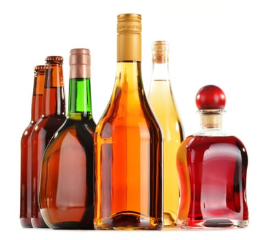 Assorted alcoholic beverages isolated on white background
