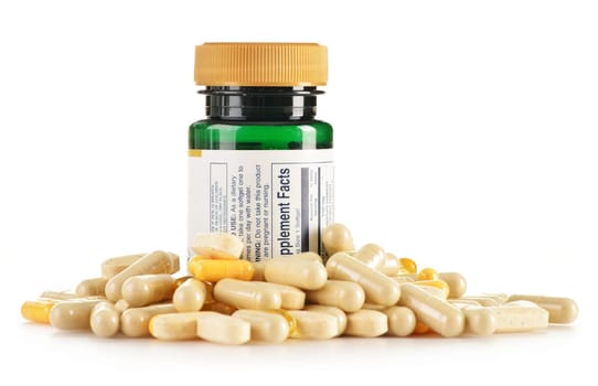 Composition with dietary supplement capsules. Drug pills