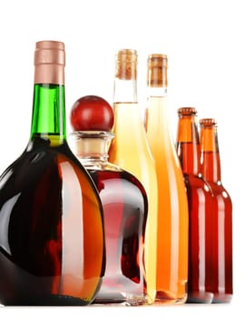 Assorted alcoholic beverages isolated on white background