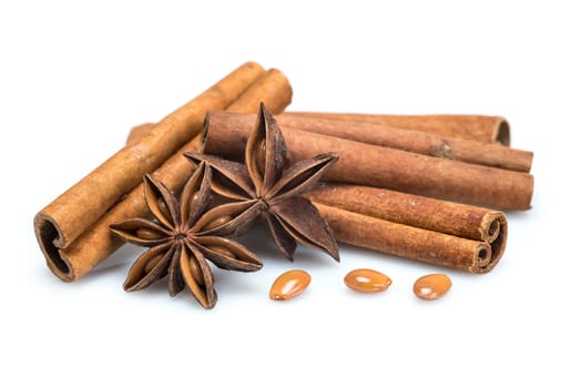 Cinnamon sticks and star anise isolated over a white background