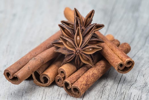 Cinnamon sticks and star anise on a wooden background