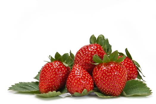 Strawberries with their leaves isolated on a white background
