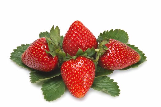 Strawberries with their leaves isolated on a white background