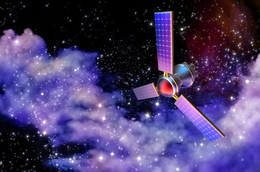 3D model of an artificial satellite of the Earth, equipped solar panels and parabolic satellite communications antenna