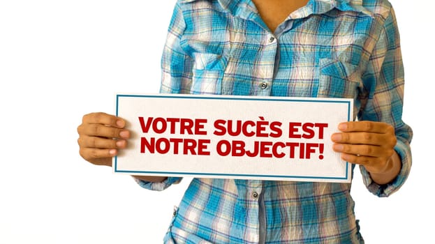 A woman holding a Your Success is our Goal sign.
