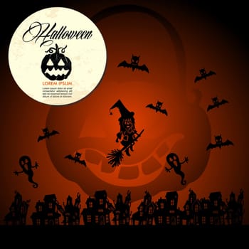 Halloween full moon pumpkin flying witches and bats, customizable text. EPS10 Vector file organized in layers for easy editing.