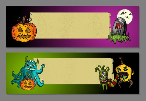 Halloween monsters and typical elements blank space web banners set. EPS10 Vector file organized in layers for easy editing.