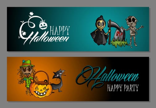 Halloween monsters Happy party web banners set. EPS10 Vector file organized in layers for easy editing.
