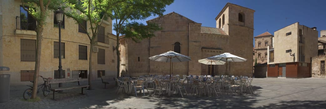 Square made of famous golden stone from Villamayor, Salamanca, Spain