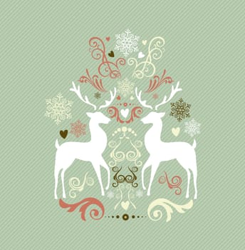 Retro Merry Christmas illustration with reindeers and winter elements composition. EPS10 vector file organized in layers for easy editing.