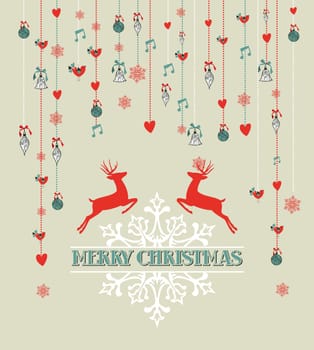 Merry Christmas text with reindeer, snowflakes, hanging baubles and heart shapes background. EPS10 vector file organized in layers for easy editing.