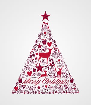 Merry Christmas tree shape with red reindeers and winter elements composition. EPS10 vector file organized in layers for easy editing.