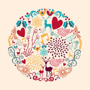 Colorful Merry Christmas circle shape with reindeers and love elements composition. EPS10 vector file organized in layers for easy editing..