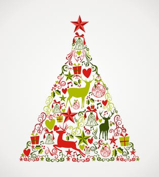 Colorful Merry Christmas tree shape with reindeers and holiday elements composition. EPS10 vector file organized in layers for easy editing.