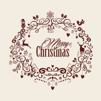 Retro Merry Christmas text inside mistletoe decoration composition. EPS10 vector file organized in layers for easy editing