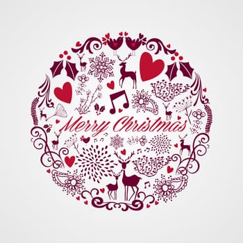Merry Christmas circle shape with reindeers and love elements composition. EPS10 vector file organized in layers for easy editing.