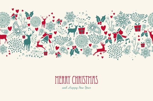 Vintage Christmas elements, reindeer with text seamless pattern background. EPS10 vector file organized in layers for easy editing.