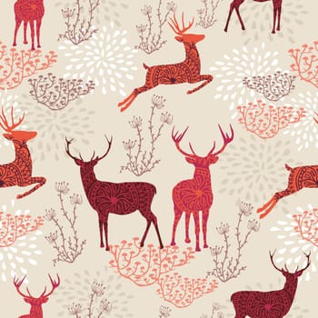 Vintage Christmas elements, reindeer and snowflakes seamless pattern background. EPS10 vector file organized in layers for easy editing.