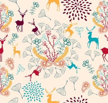 Vintage Christmas elements, reindeer and snowflakes seamless pattern background. EPS10 vector file organized in layers for easy editing.