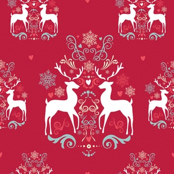 Vintage Christmas elements, reindeer, snowflakes and heart shapes seamless pattern background. EPS10 vector file organized in layers for easy editing.