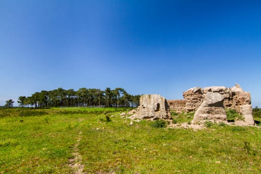 Beautiful view with a small patch of trees and ruins.