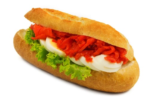 Baguette with salmon,snack isolated against a white background