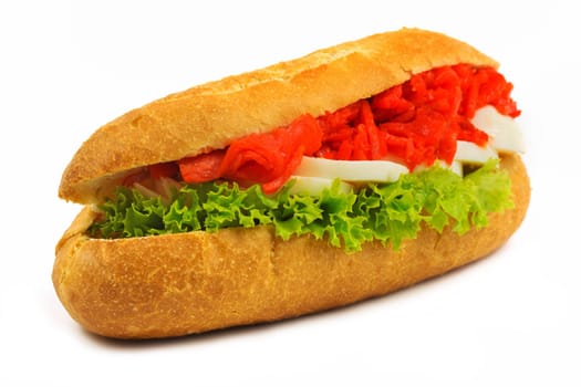 Baguette with salmon,snack isolated against a white background