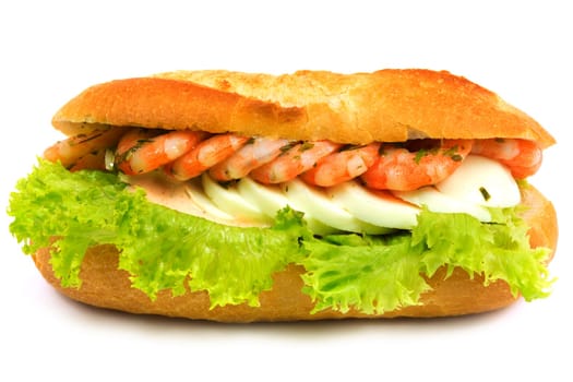 Baguette with shrimp,fast food decorated with salad and egg