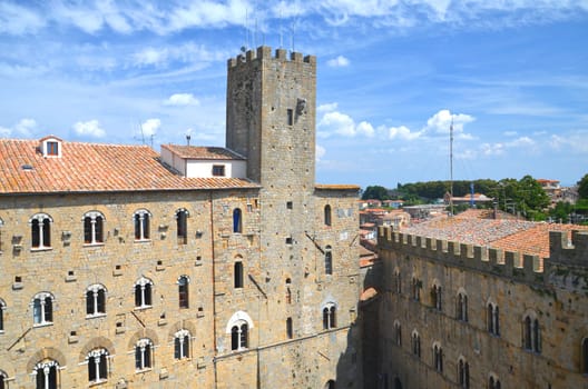 Picturesque view on historic buildings of Volterra in Tuscany, Italy