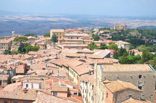 Picturesque view on historic buildings of Volterra in Tuscany, Italy